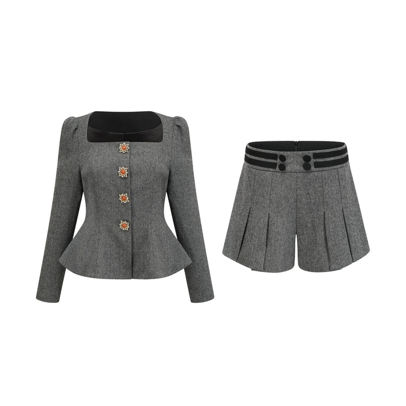 Kali Grey Herringbone Peplum Crystal Embellished Top Shorts Set