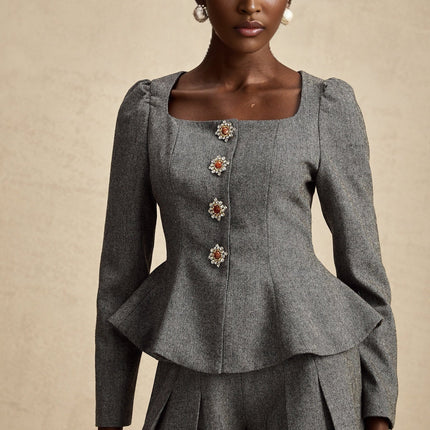 Kali Grey Herringbone Peplum Crystal Embellished Top and Shorts Set