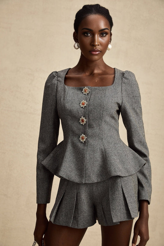 Kali Grey Herringbone Peplum Crystal Embellished Top and Shorts Set