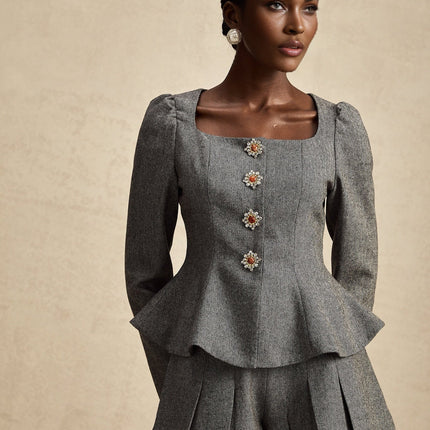 Kali Grey Herringbone Peplum Crystal Embellished Top and Shorts Set