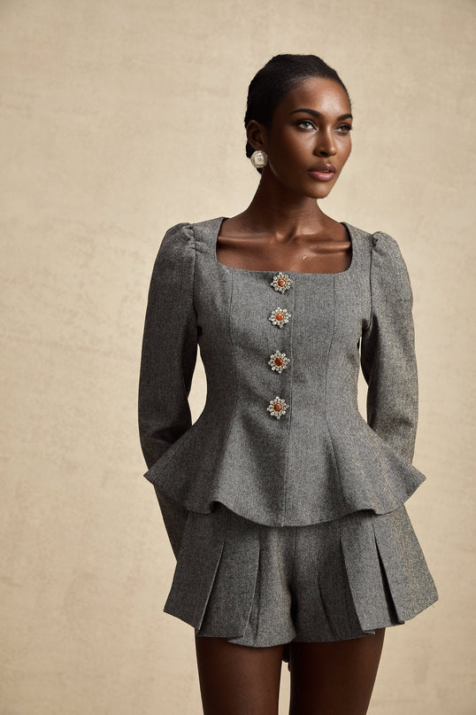 Kali Grey Herringbone Peplum Crystal Embellished Top and Shorts Set