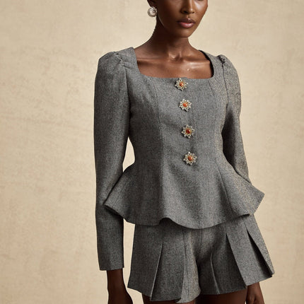 Kali Grey Herringbone Peplum Crystal Embellished Set