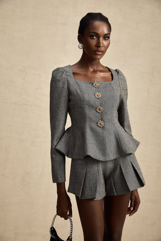 Kali Grey Herringbone Peplum Crystal Embellished Set