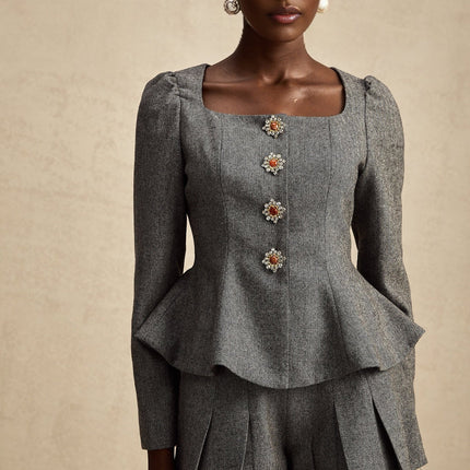 Kali Grey Herringbone Peplum Crystal Embellished Top and Shorts Set