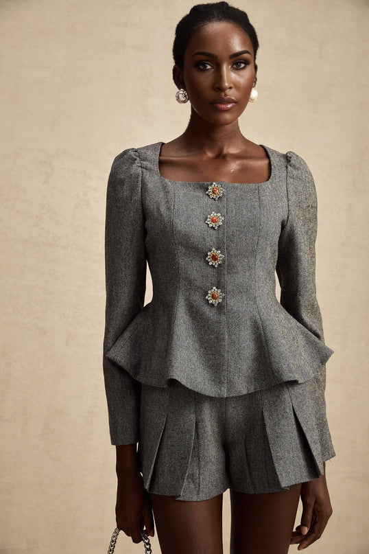 Kali Grey Herringbone Peplum Crystal Embellished Top and Shorts Set