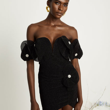 Kamila Black Floral Appliqué Corset Mini Dress