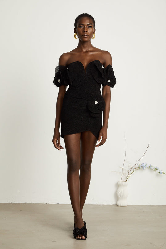 Kamila Black Floral Appliqué Corset Mini Dress