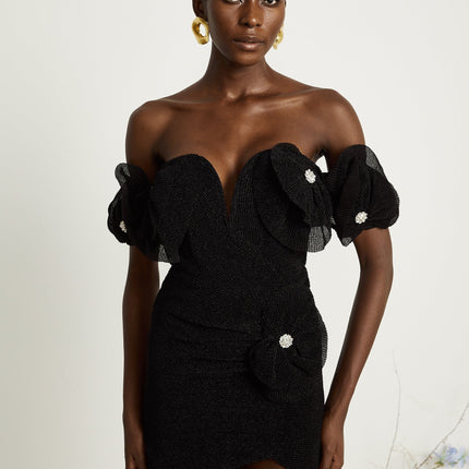 Kamila Black Floral Appliqué Mini Dress with Corset Hemline