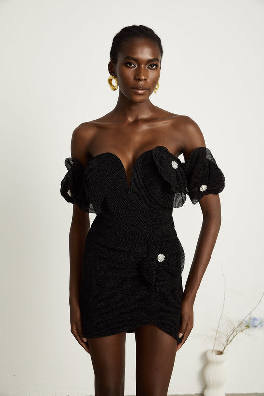 Kamila Black Floral Appliqué Mini Dress with Corset Hemline