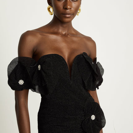 Kamila Black Mini Dress with Floral Appliqué and Corset Hemline