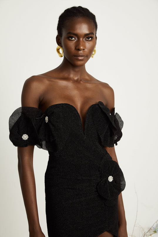 Kamila Black Mini Dress with Floral Appliqué and Corset Hemline