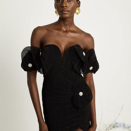 Kamila Black Ribbed Corset Mini Dress with Floral Appliqué
