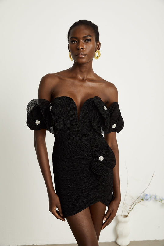Kamila Black Ribbed Corset Mini Dress with Floral Appliqué