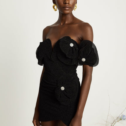 Kamila Black Ribbed Mini Dress Floral Appliqué Corset Hemline V-Neck Asymmetric Waist Gathered Detailing Rear Zip Fastening Thigh-Length Terylene