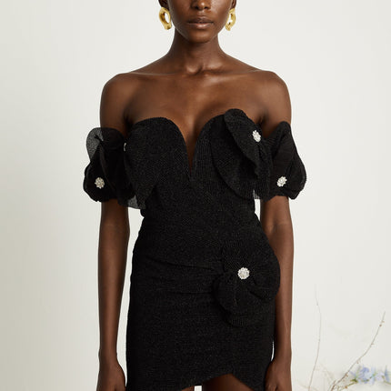Kamila Black Ribbed Mini Dress with Floral Appliqué and Corset Hemline