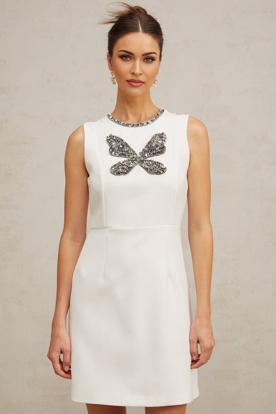 Kamila White Butterfly Crystal Bead Mini Dress