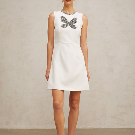 Kamila White Butterfly Crystal Bead Mini Dress