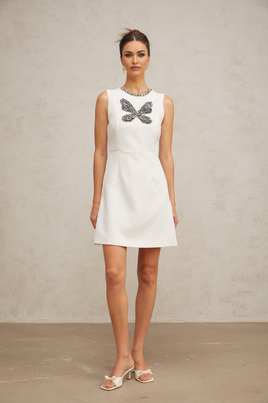 Kamila White Butterfly Crystal Bead Mini Dress