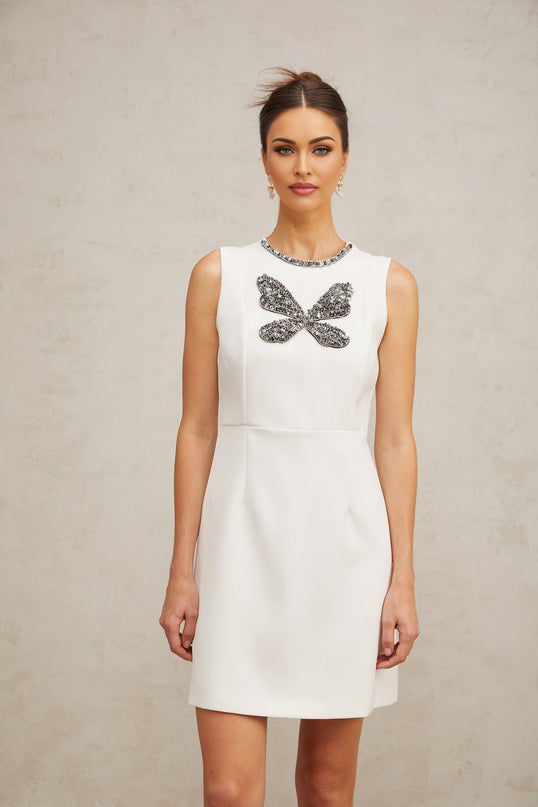Kamila White Butterfly Crystal Beaded Mini Dress