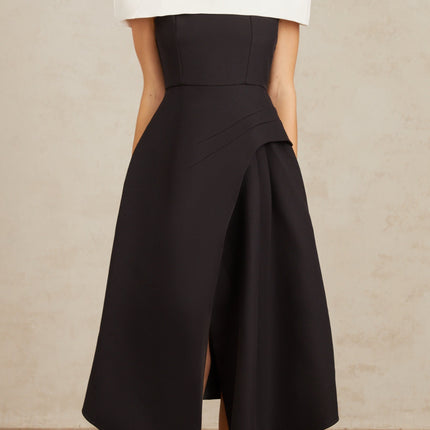 Kara Black and White Color Blocked Square Neck Midi Dress with Shawl