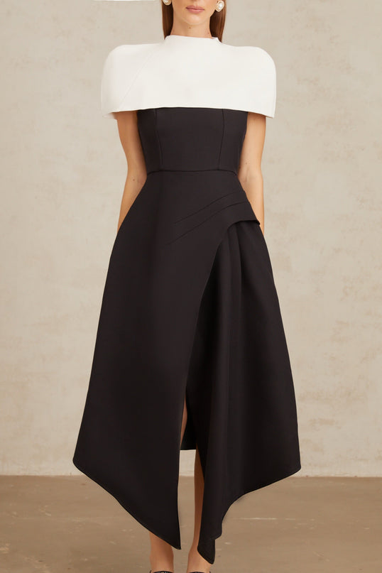 Kara Black and White Color Blocked Square Neck Midi Dress with Shawl