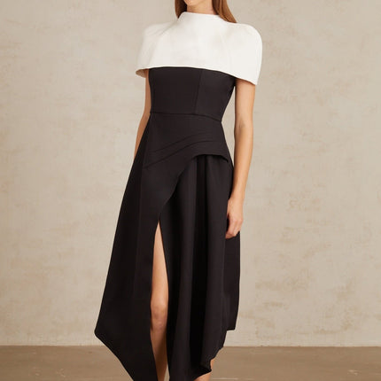 Kara Black and White Color-Blocked Midi Dress with Square Neck and Asymmetrical Straps