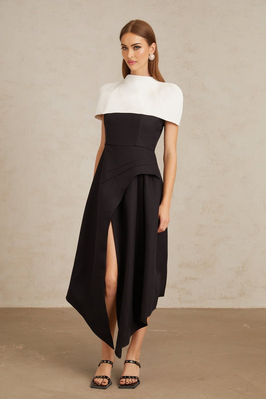 Kara Black and White Color-Blocked Midi Dress with Square Neck and Asymmetrical Straps