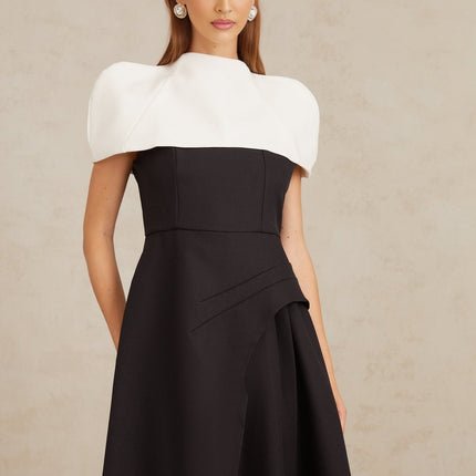 Kara Black and White Color Blocked Midi Dress with Square Neck and Asymmetrical Straps