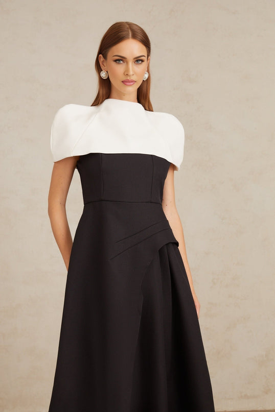 Kara Black and White Color Blocked Midi Dress with Square Neck and Asymmetrical Straps