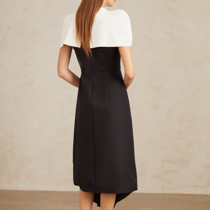 Kara Black and White Color-Blocked Midi Dress with Square Neck and Asymmetrical Straps