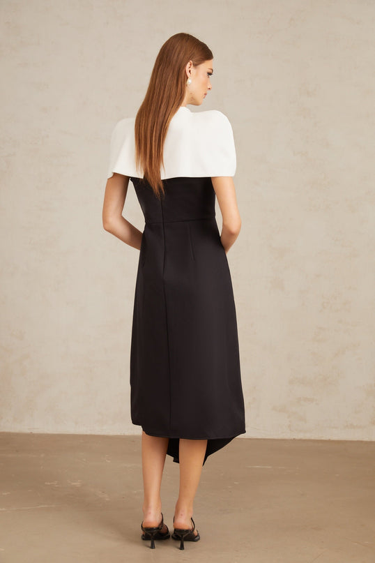 Kara Black and White Color-Blocked Midi Dress with Square Neck and Asymmetrical Straps