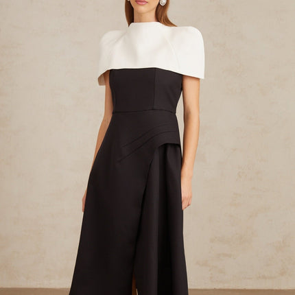 Kara Black and White Color-Blocked Midi Dress with Square Neck and Asymmetrical Straps