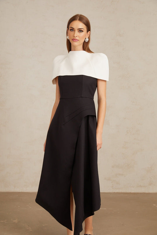 Kara Black and White Color-Blocked Midi Dress with Square Neck and Asymmetrical Straps