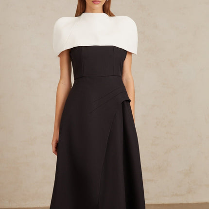 Kara Black and White Color Blocked Sleeveless Midi Dress with Square Neck and Asymmetrical Straps