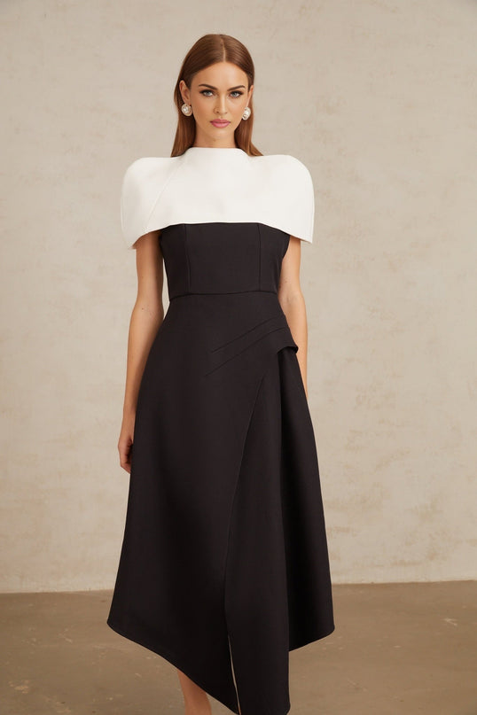 Kara Black and White Color Blocked Sleeveless Midi Dress with Square Neck and Asymmetrical Straps