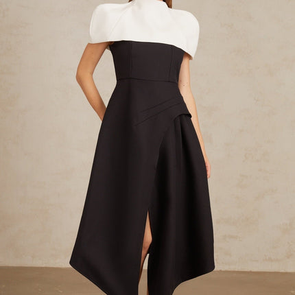 Kara Black and White Color Blocked Square Neck Midi Dress with Shawl
