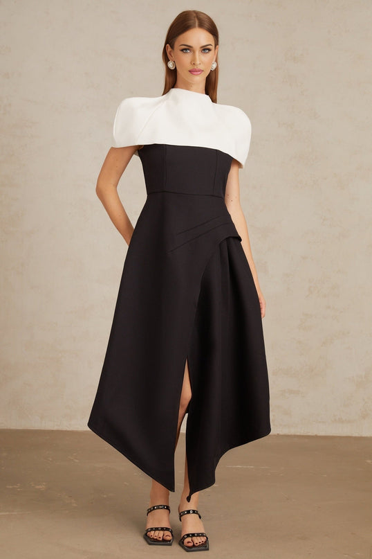 Kara Black and White Color Blocked Square Neck Midi Dress with Shawl
