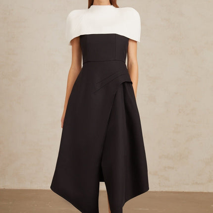 Kara Black and White Color Blocked Midi Dress with Square Neck and Asymmetrical Straps
