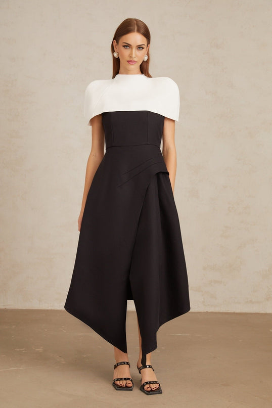Kara Black and White Color Blocked Midi Dress with Square Neck and Asymmetrical Straps
