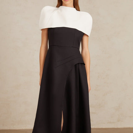 Kara Black and White Color Blocked Square Neck Midi Dress with Detachable Shawl
