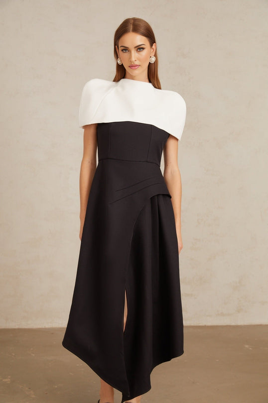 Kara Black and White Color Blocked Square Neck Midi Dress with Detachable Shawl