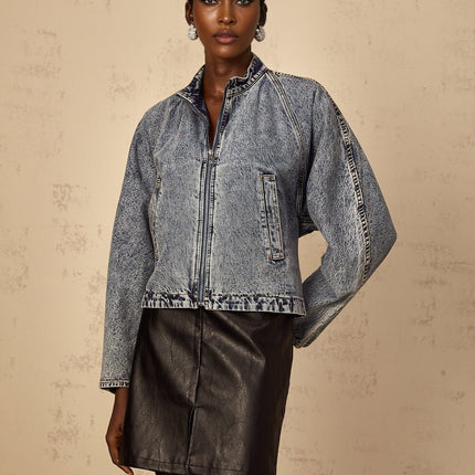 Karina Blue Denim Jacket with Stand-Up Collar and Front Zip Fastening