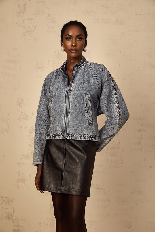 Karina Blue Denim Jacket with Stand-Up Collar and Front Zip Fastening