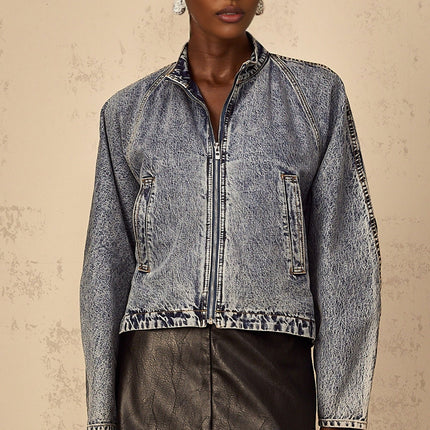 Karina Denim Jacket in Blue with Stand-Up Collar, Front Zip Fastening, and Whiskering Effect