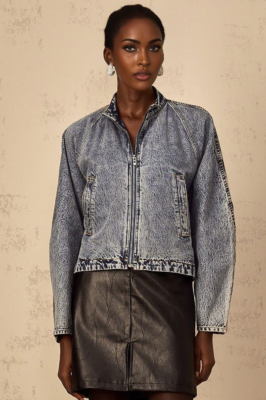 Karina Denim Jacket in Blue with Stand-Up Collar, Front Zip Fastening, and Whiskering Effect