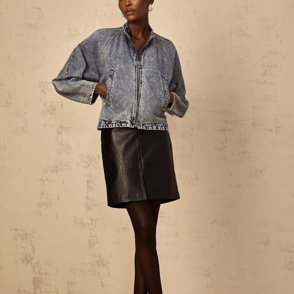 Karina Denim Jacket Blue Zip Front Stand-Up Collar Contrast Stitching Side Pockets