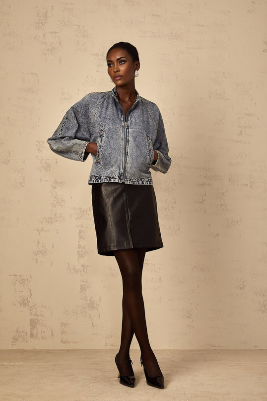 Karina Denim Jacket Blue Zip Front Stand-Up Collar Contrast Stitching Side Pockets