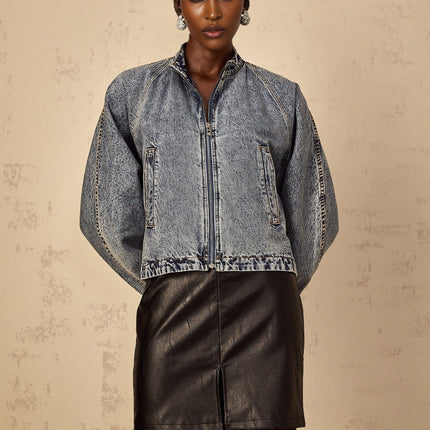 Karina Denim Jacket Blue Zip Front Stitching Pockets