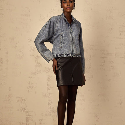 Karina Denim Jacket in Blue with Stand-up Collar and Front Zip Fastening