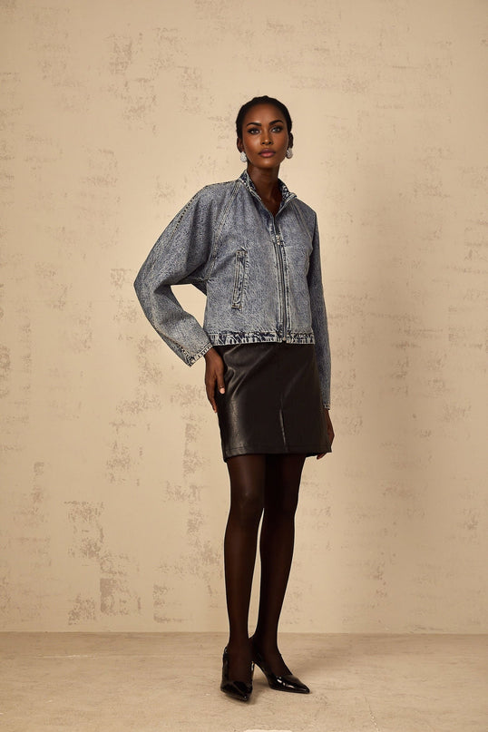 Karina Denim Jacket in Blue with Stand-up Collar and Front Zip Fastening